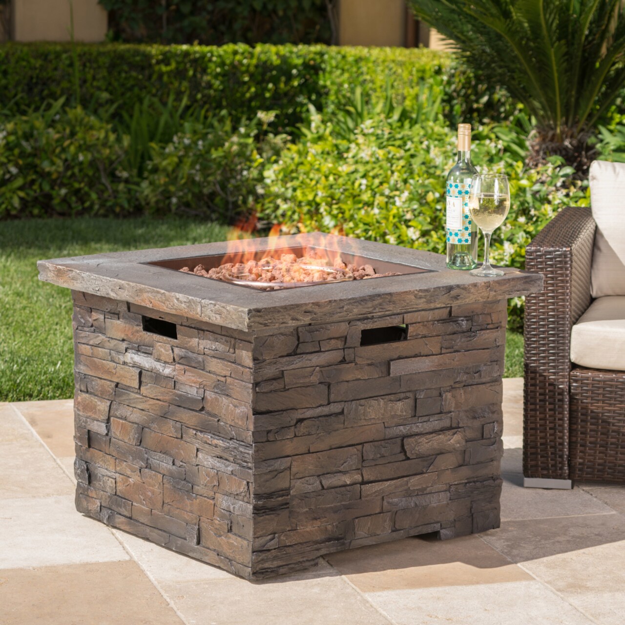 GDFStudio Stonecrest Outdoor Stone Finish 40000 BTU Propane Gas Square Firepit